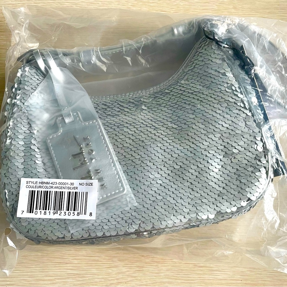 Nicole Miller Purse Womens Silver Sequin Small Hobo Leather Hand Bag Purse NEW